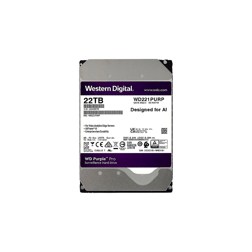HD SATA3 22TB WD PURPLE PRO 7200 512MB WD221PURP SURV GARANTIA BR